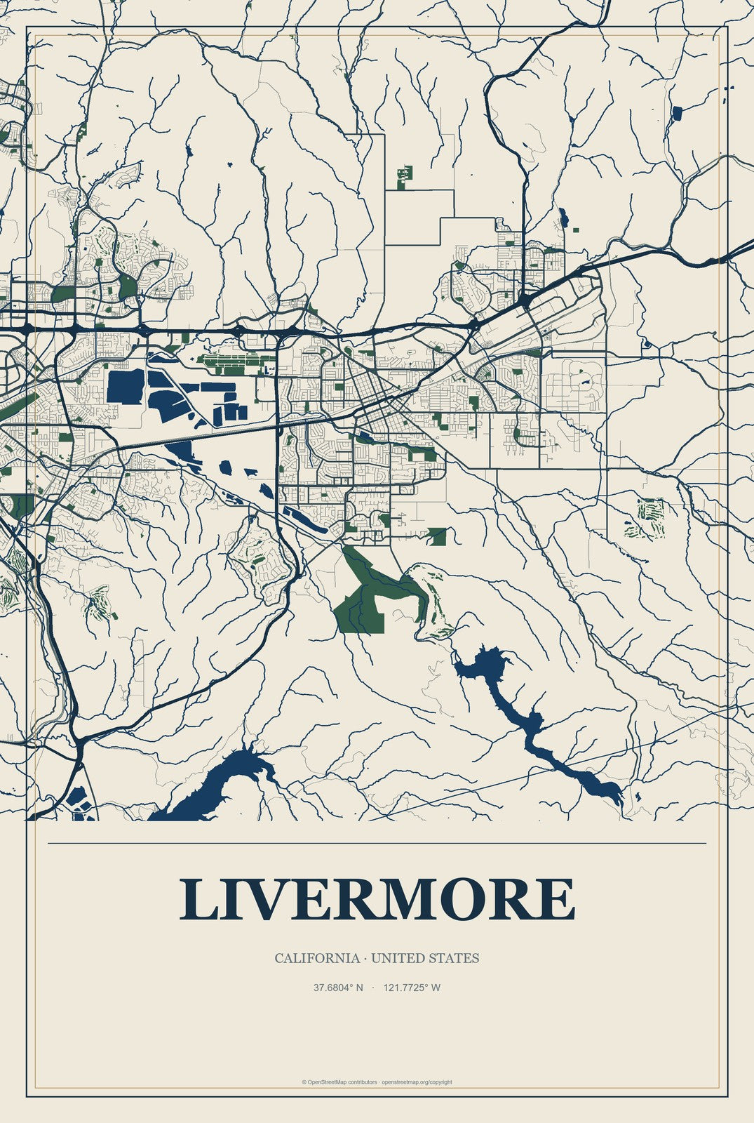 Livermore, California City Map Aluminum Sign in Coastal Cutout style