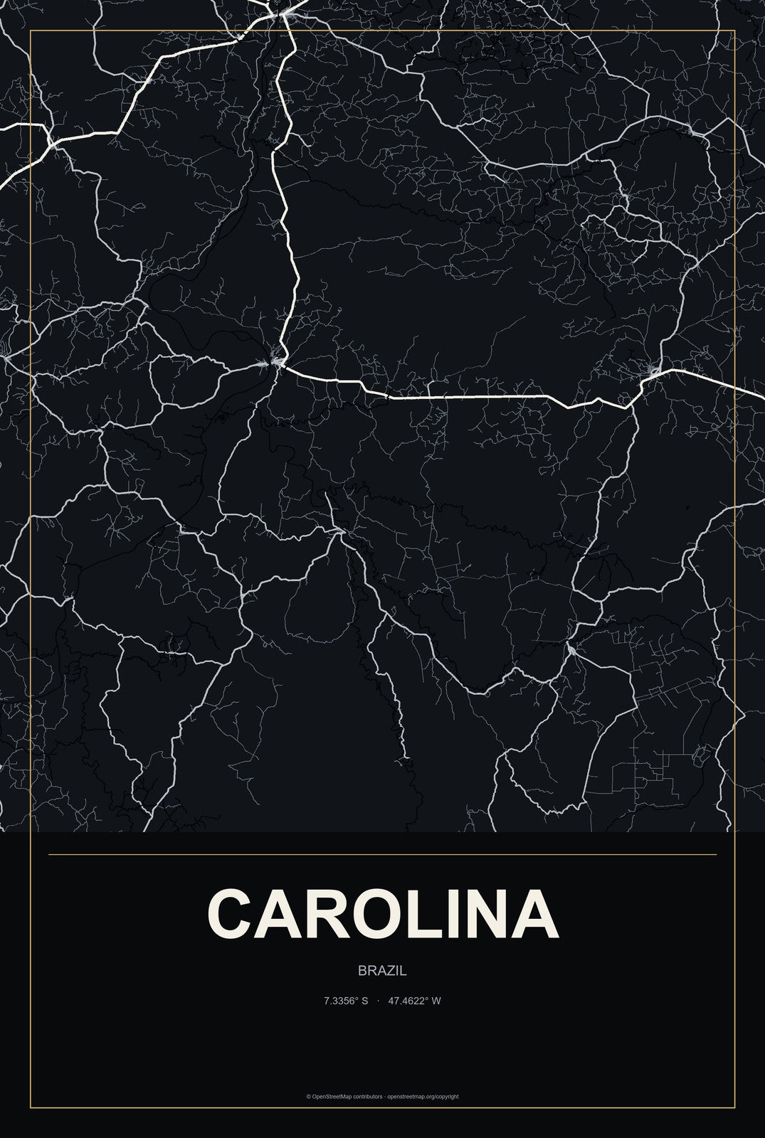 Carolina, Brazil City Map Aluminum Sign in Metropolitan Noir style