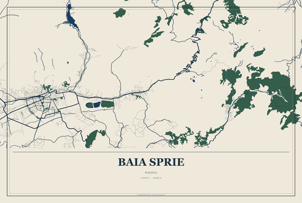 Baia Sprie, Romania City Map Aluminum Sign in Coastal Cutout style