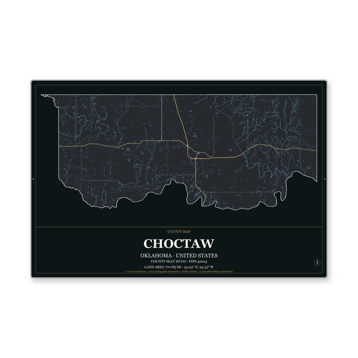 Choctaw County, Oklahoma Map Aluminum Sign in Metropolitan Noir style