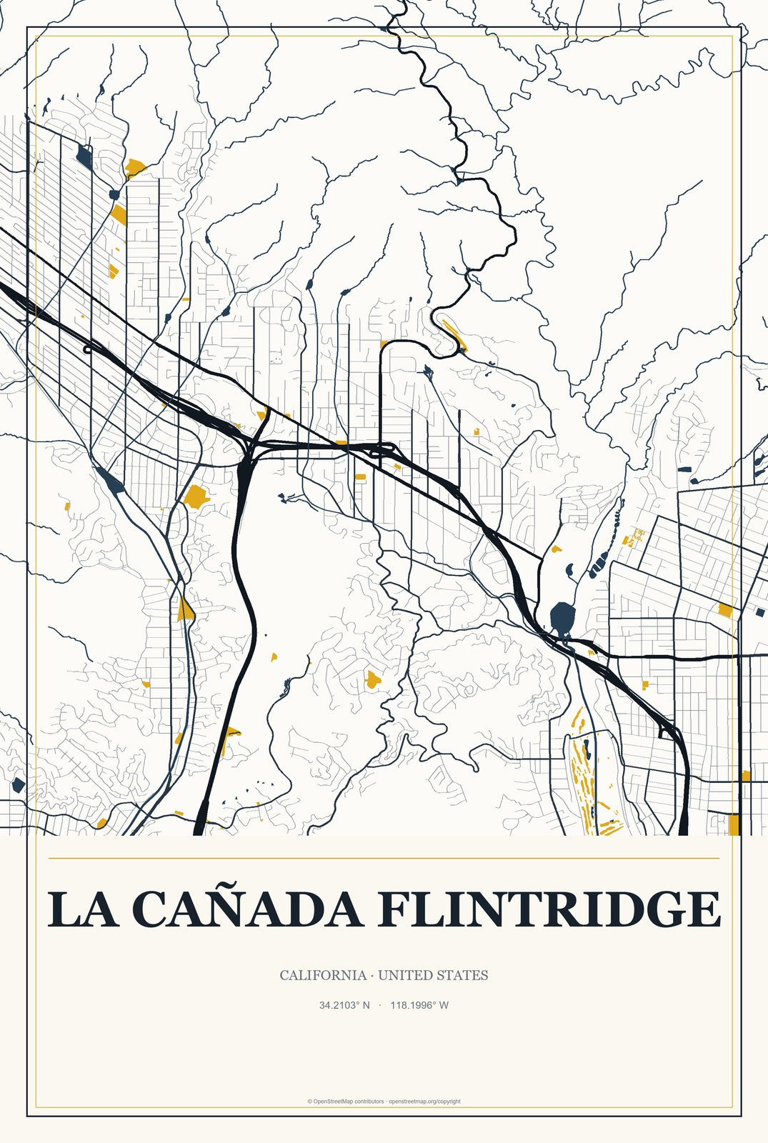 La Cañada Flintridge, California City Map Aluminum Sign in Citrine Modern style