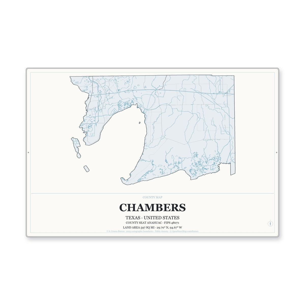 Chambers County, Texas Map Aluminum Sign in Gallery Air style