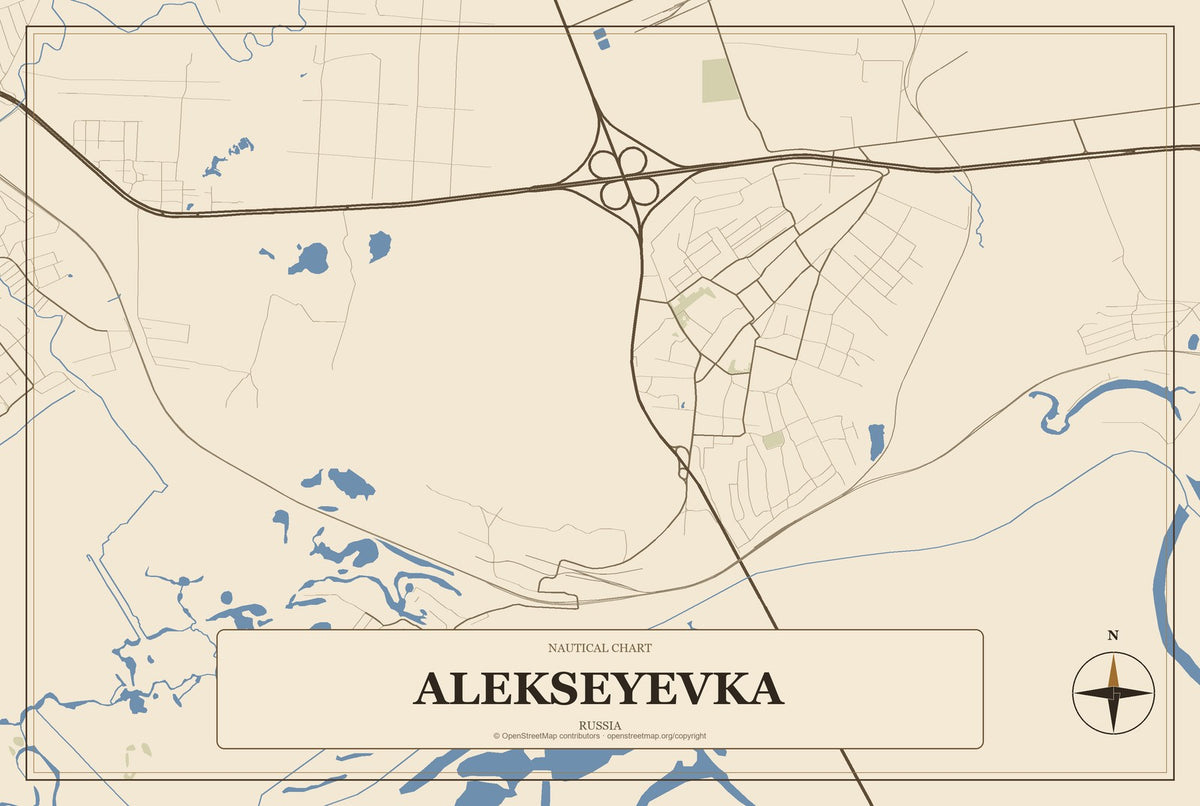 Alekseyevka, Russia City Map Aluminum Sign in Heritage Nautical style