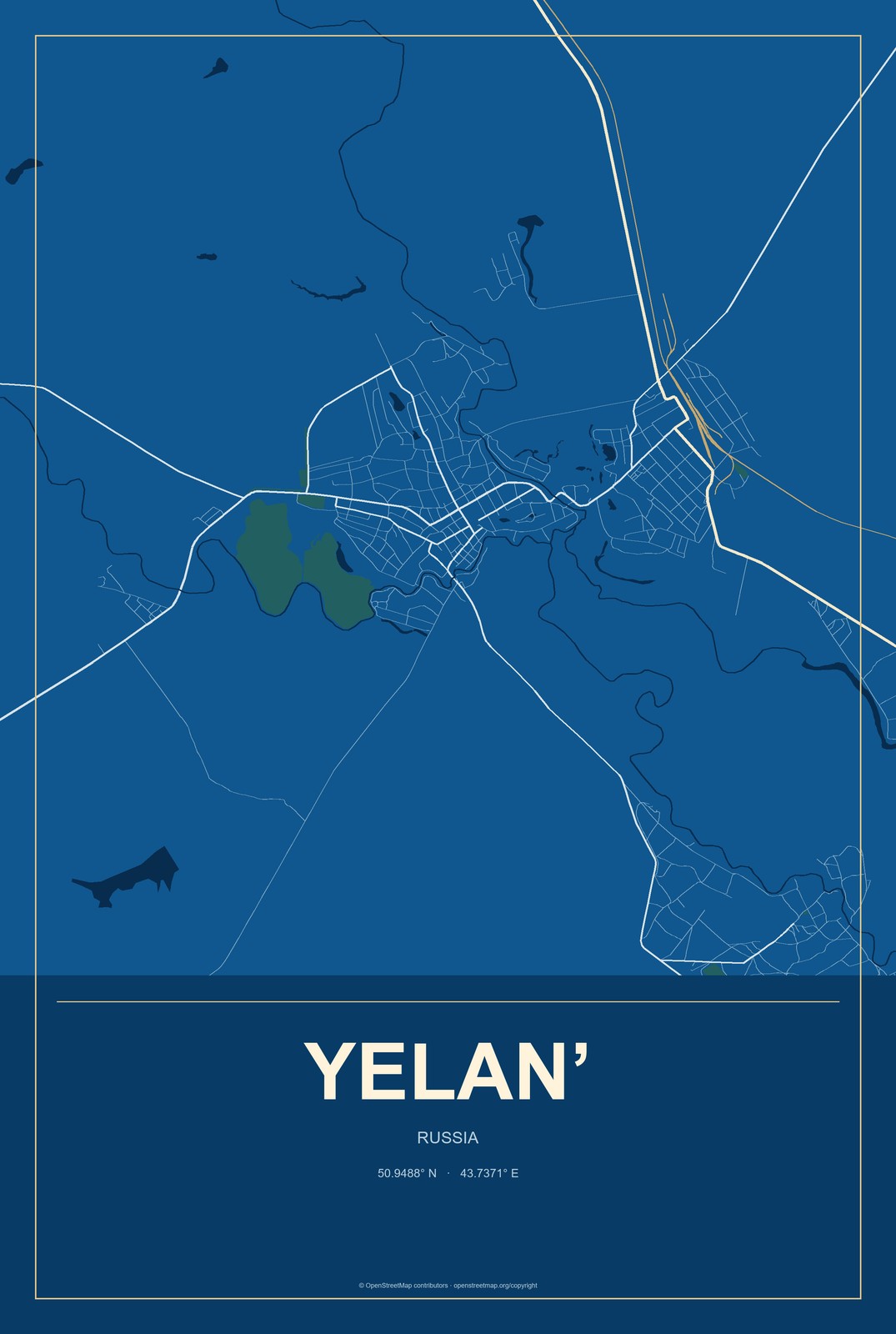 Yelan’, Russia City Map Aluminum Sign in Harbor Cobalt style
