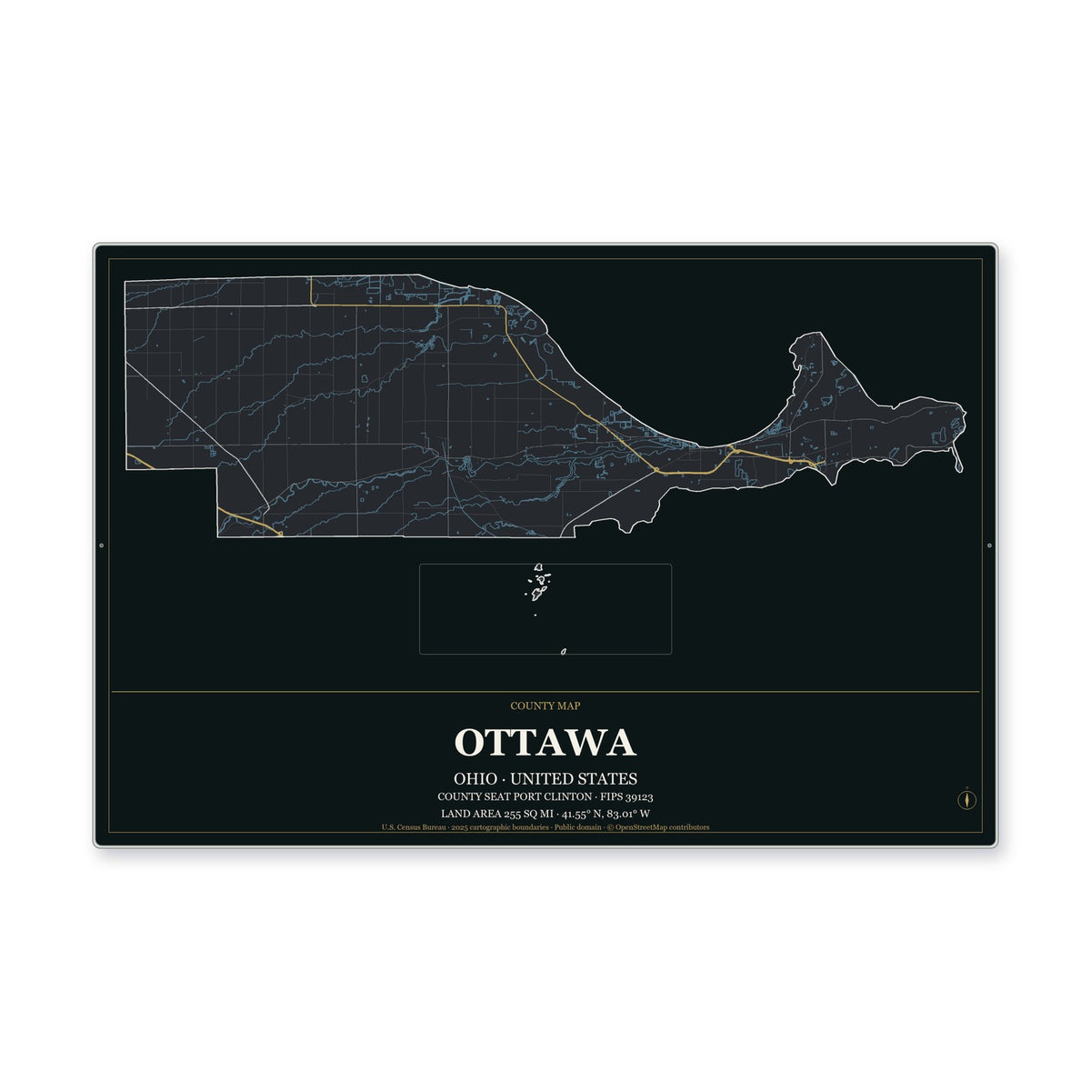 Ottawa County, Ohio Map Aluminum Sign in Metropolitan Noir style