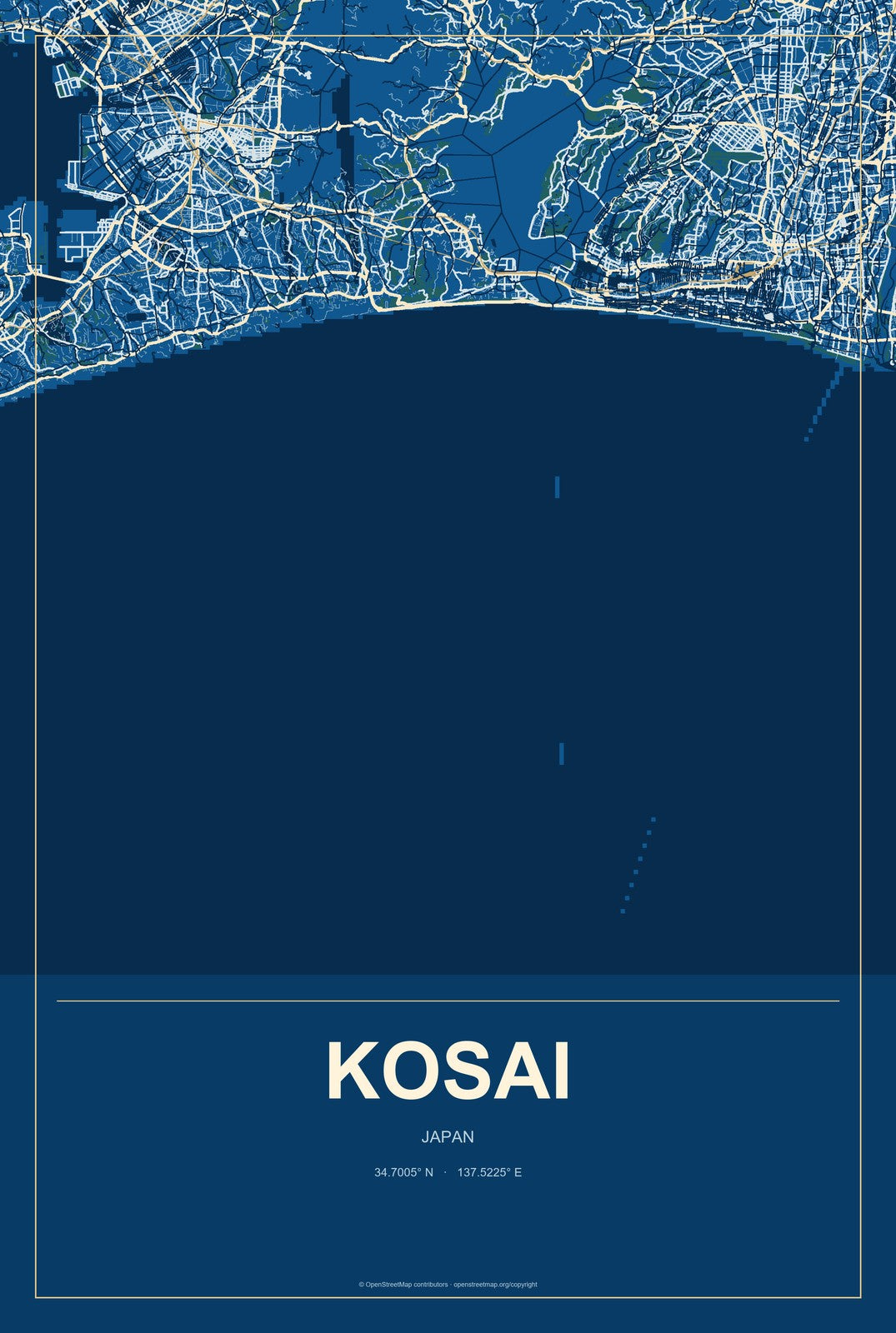 Kosai, Japan City Map Aluminum Sign in Harbor Cobalt style