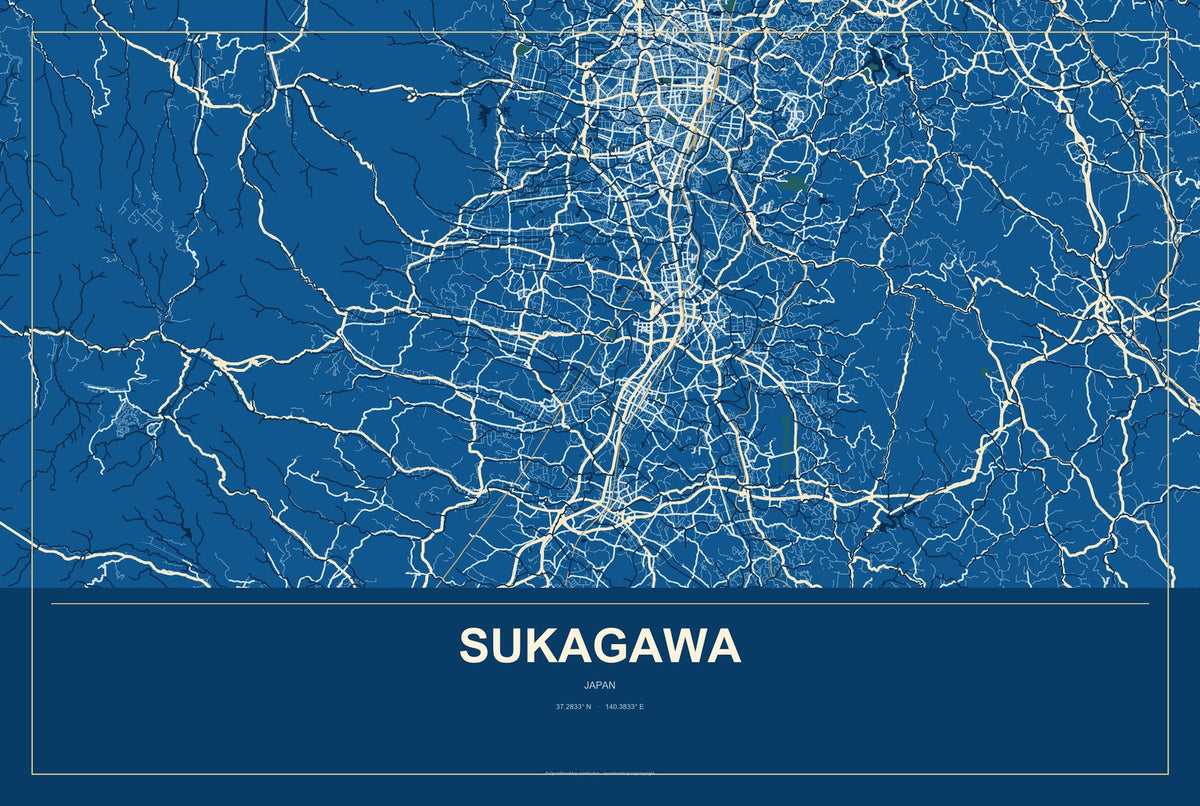 Sukagawa, Japan City Map Aluminum Sign in Harbor Cobalt style