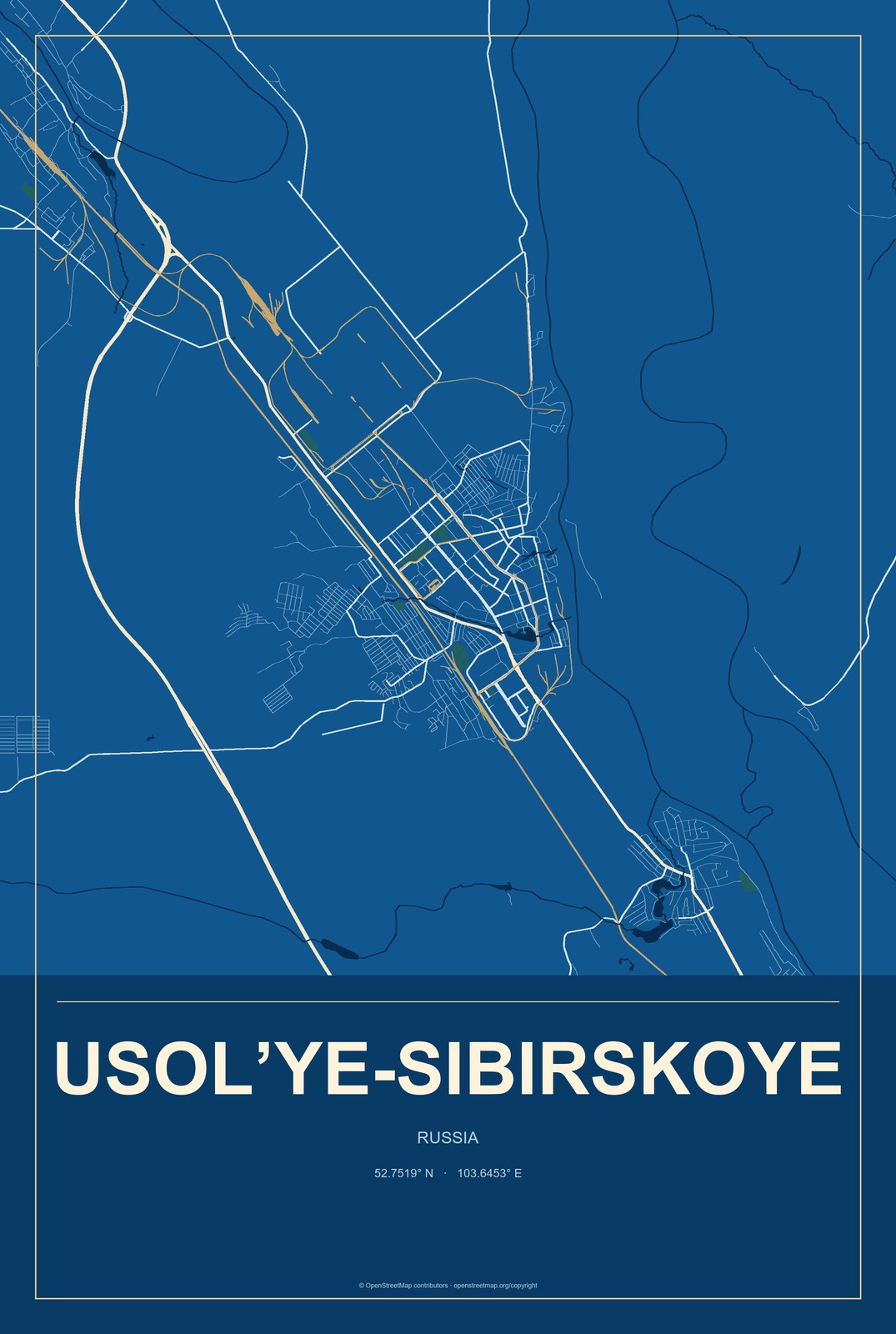 Usol’ye-Sibirskoye, Russia City Map Aluminum Sign in Harbor Cobalt style