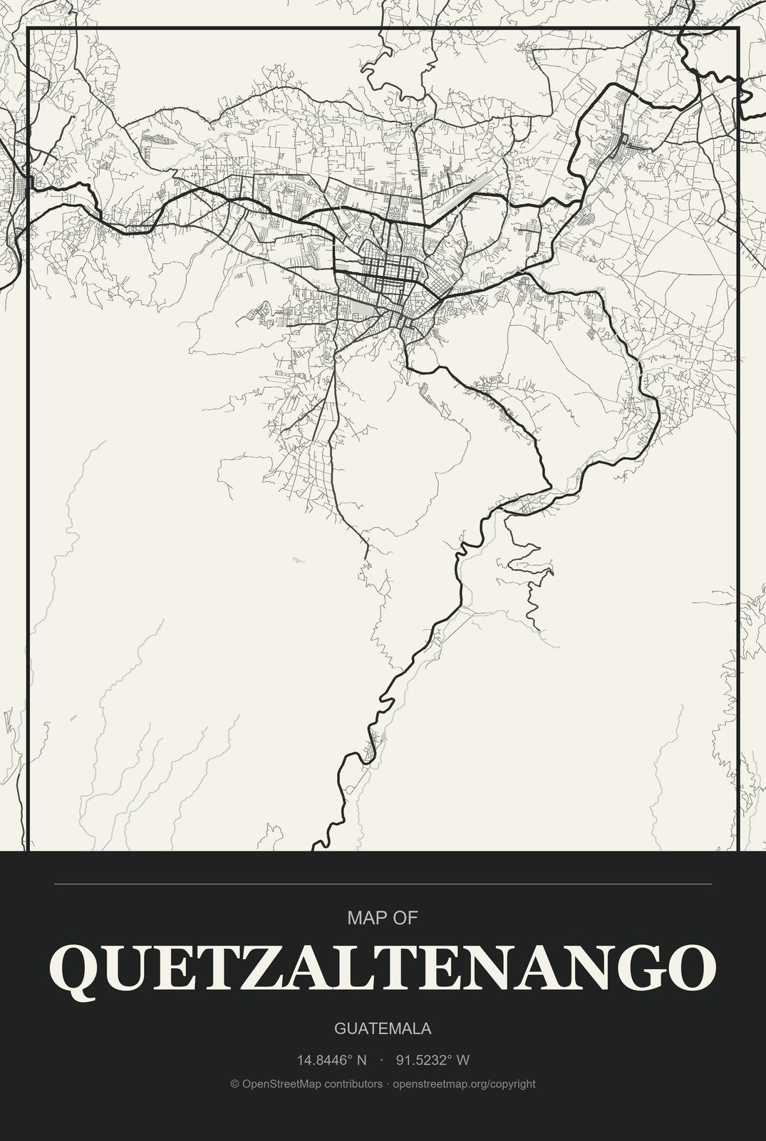 Quetzaltenango, Guatemala City Map Aluminum Sign in Museum Plaque style