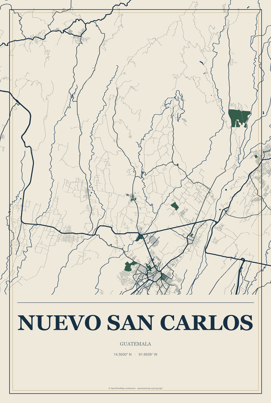 Nuevo San Carlos, Guatemala City Map Aluminum Sign in Coastal Cutout style
