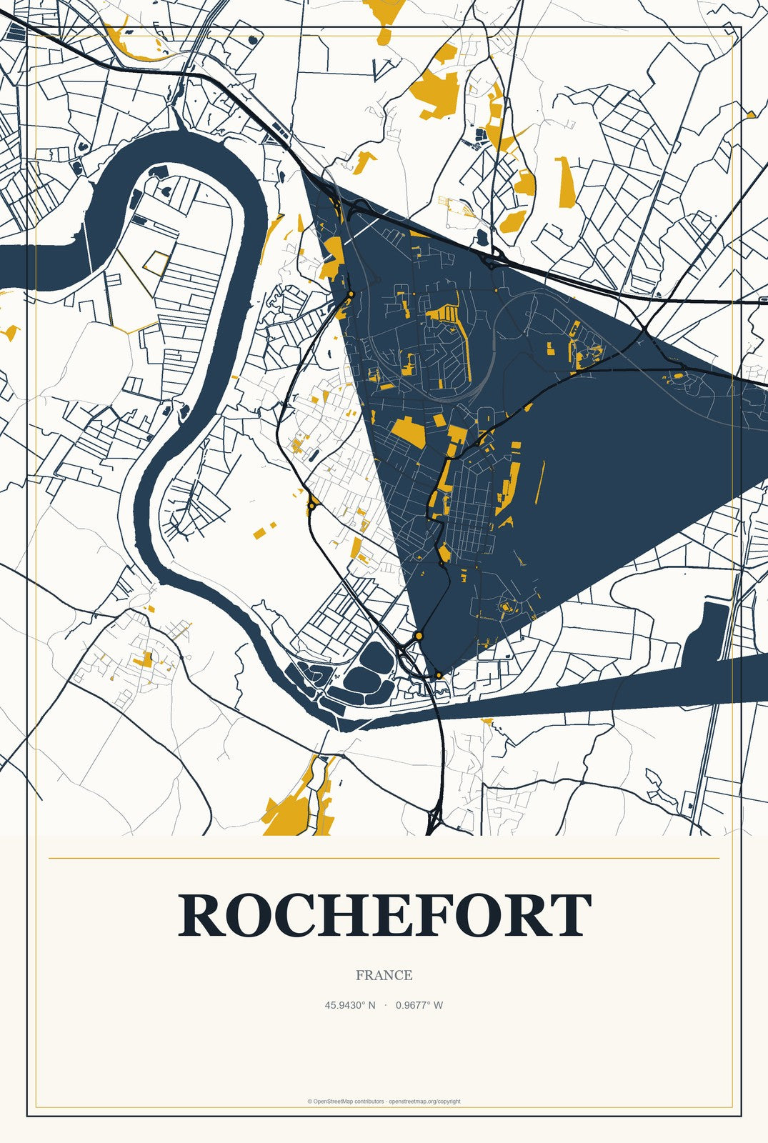 Rochefort, France City Map Aluminum Sign in Citrine Modern style