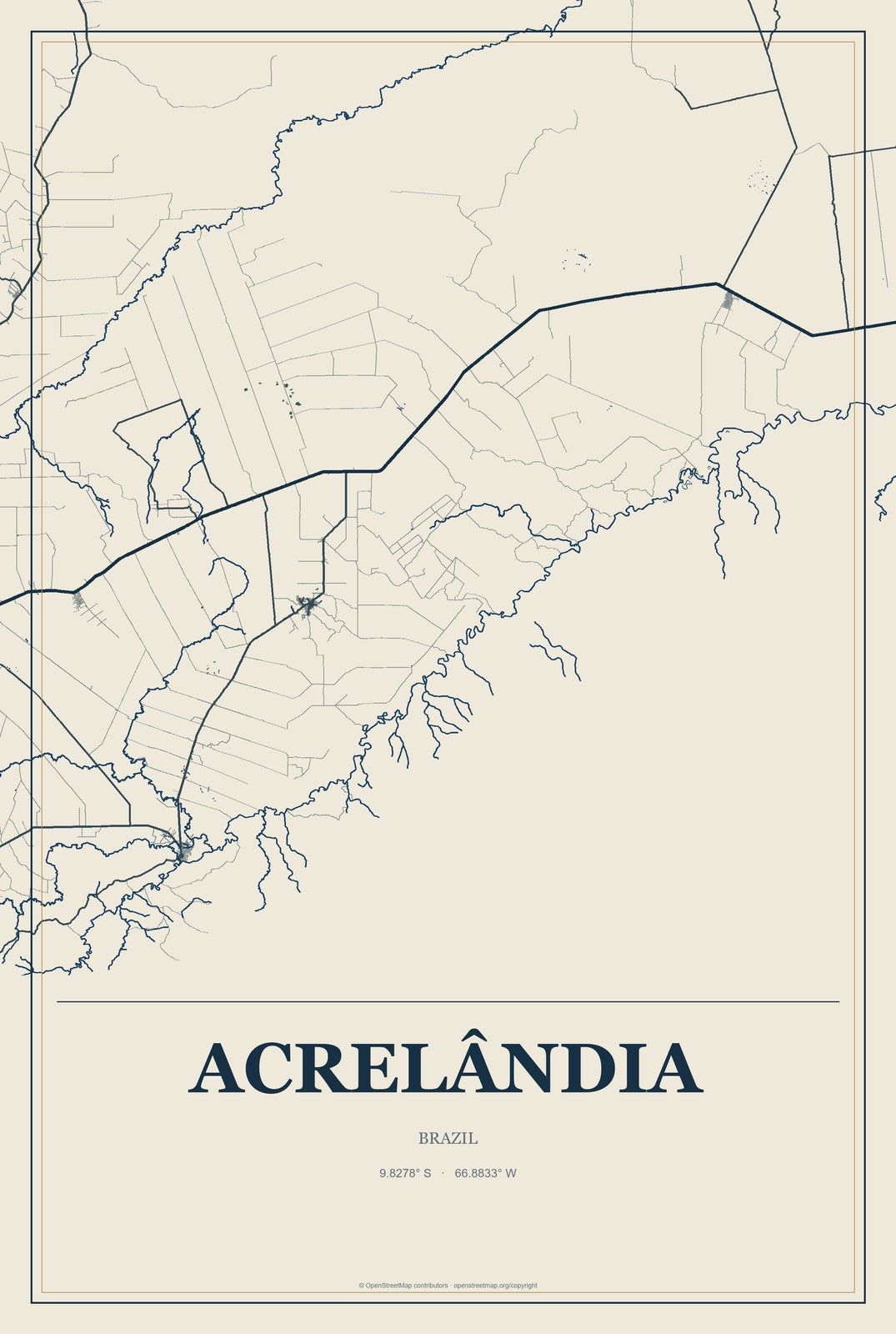 Acrelândia, Brazil City Map Aluminum Sign in Coastal Cutout style