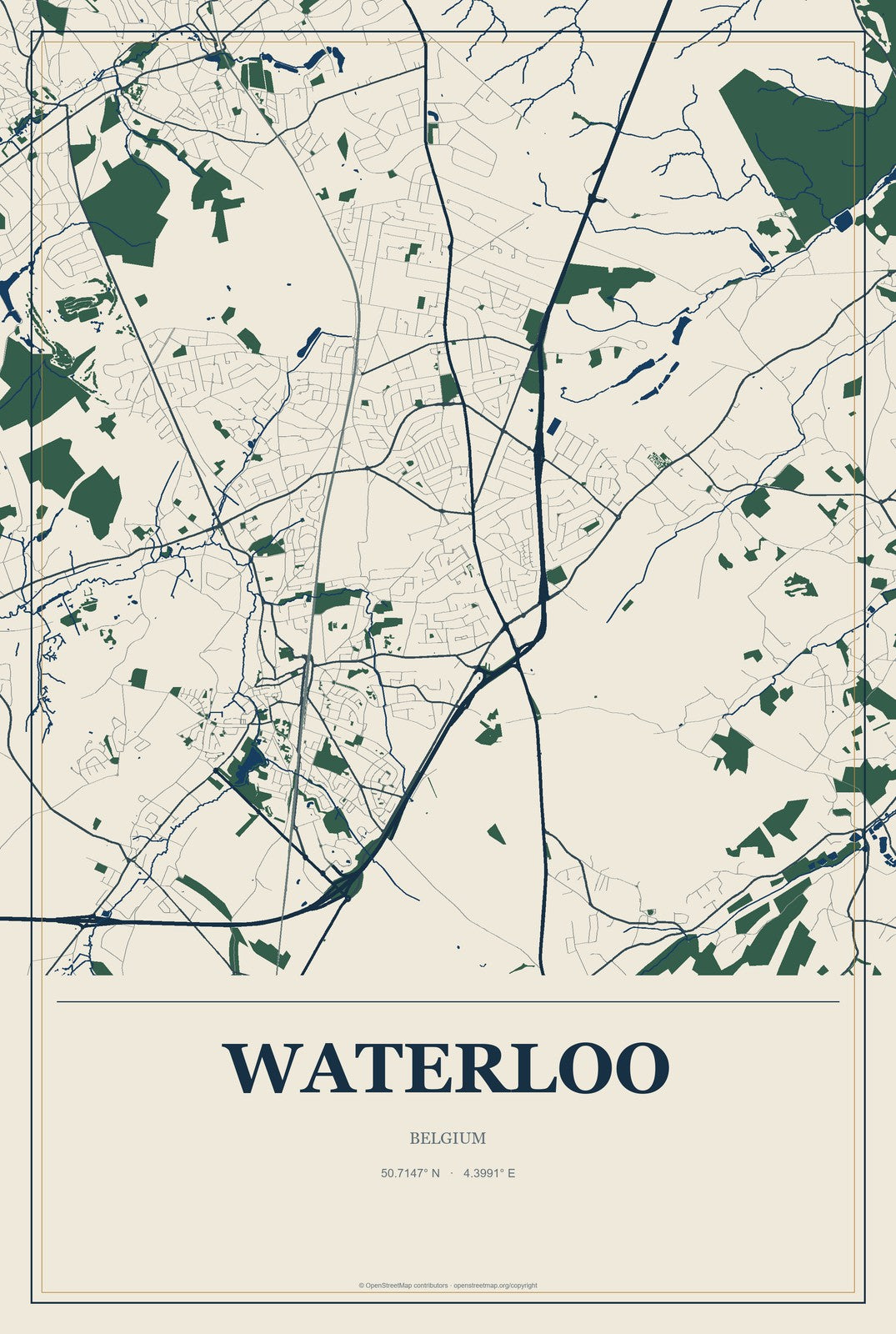 Waterloo, Belgium City Map Aluminum Sign in Coastal Cutout style