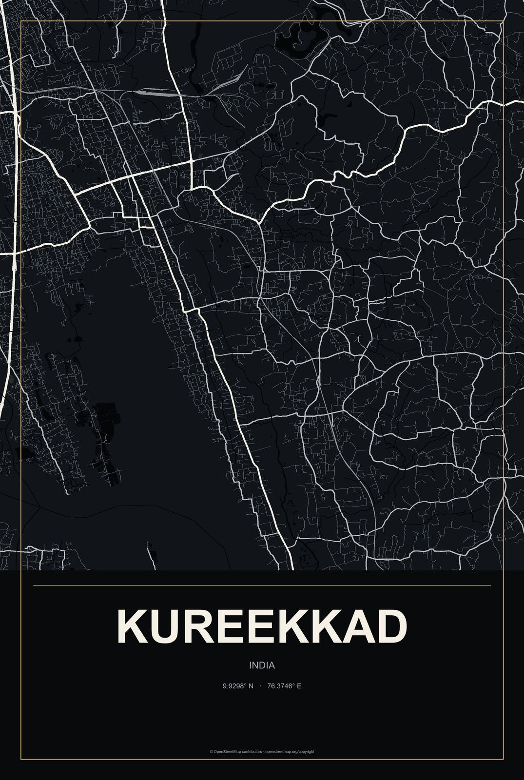 Kureekkad, India City Map Aluminum Sign in Metropolitan Noir style
