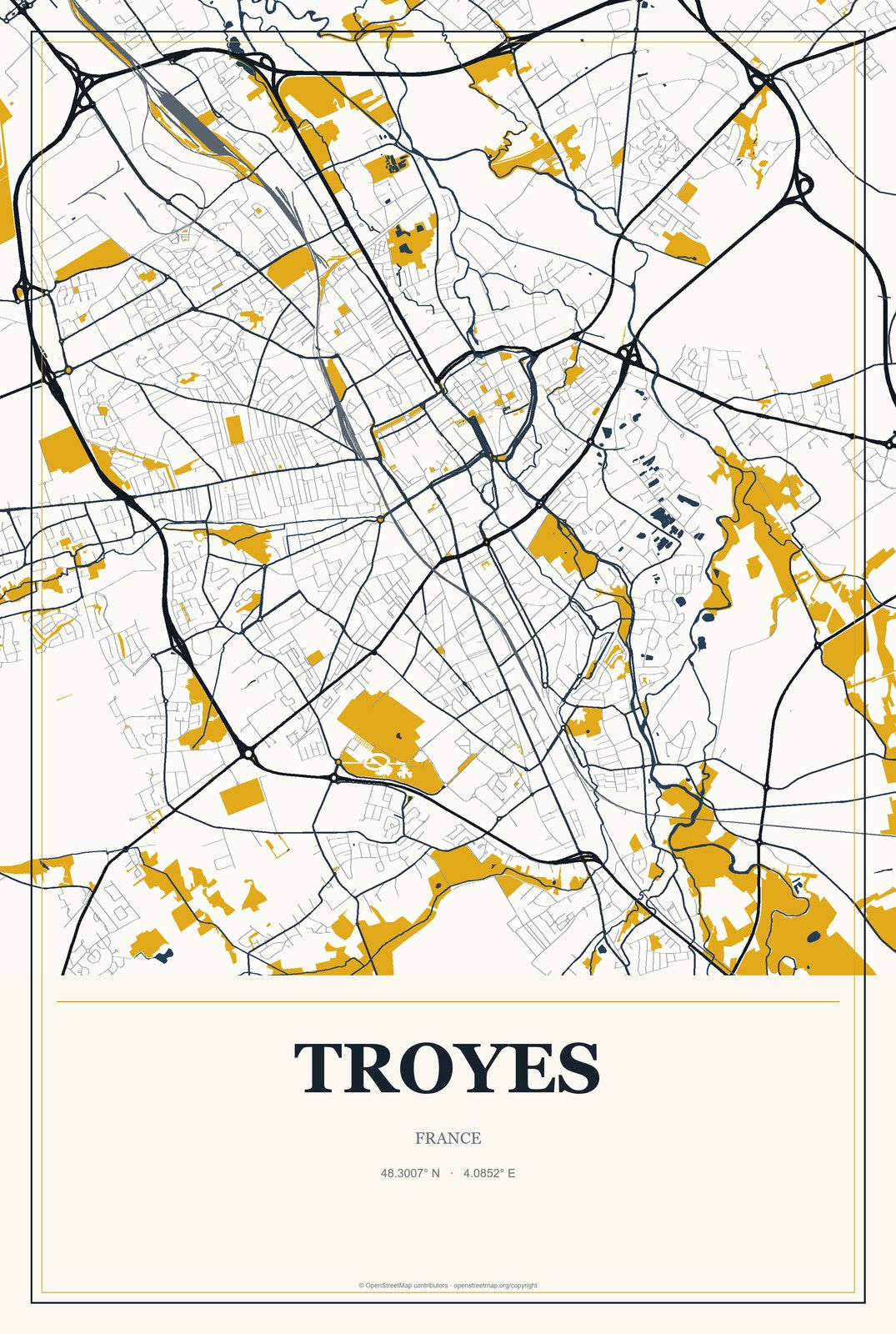 Troyes, France City Map Aluminum Sign in Citrine Modern style
