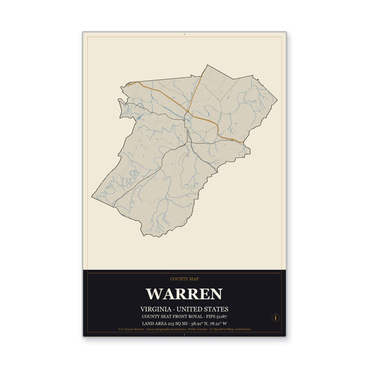 Warren County, Virginia Map Aluminum Sign in Museum Plaque style