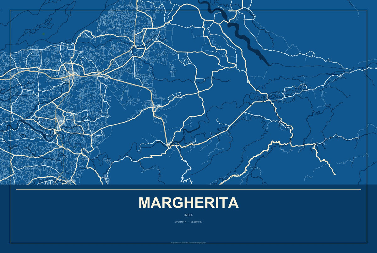 Margherita, India City Map Aluminum Sign in Harbor Cobalt style