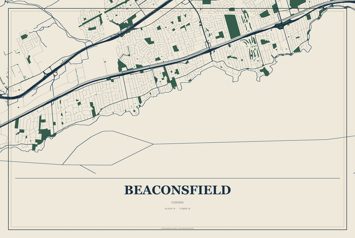 Beaconsfield, Canada City Map Aluminum Sign in Coastal Cutout style