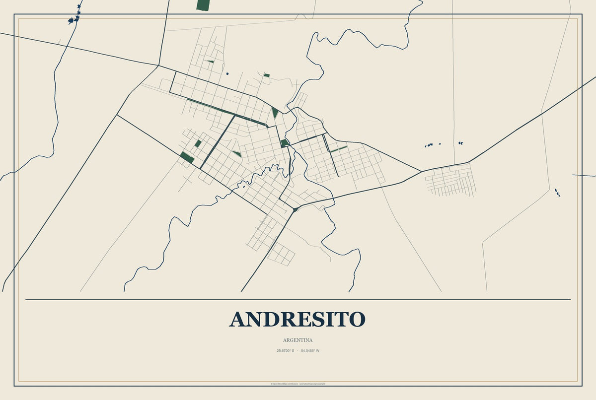 Andresito, Argentina City Map Aluminum Sign in Coastal Cutout style