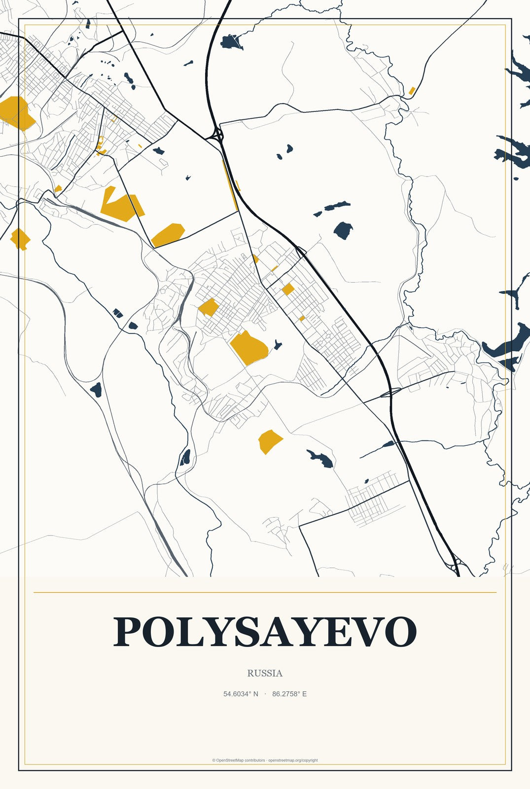 Polysayevo, Russia City Map Aluminum Sign in Citrine Modern style