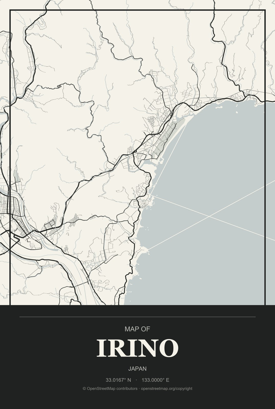 Irino, Japan City Map Aluminum Sign in Museum Plaque style