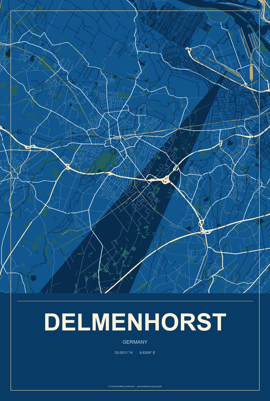 Delmenhorst, Germany City Map Aluminum Sign in Harbor Cobalt style