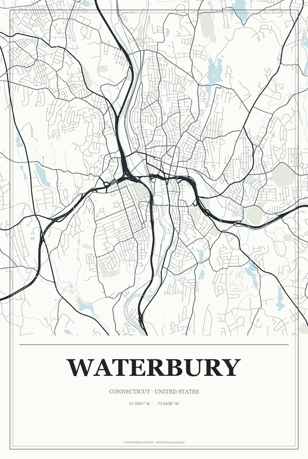 Waterbury, Connecticut City Map Aluminum Sign in Gallery Air style