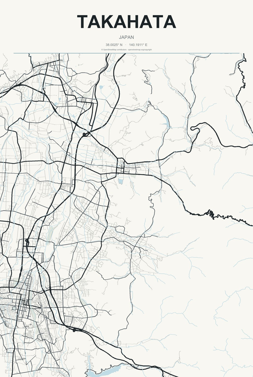 Takahata, Japan City Map Aluminum Sign in Headline Atlas style
