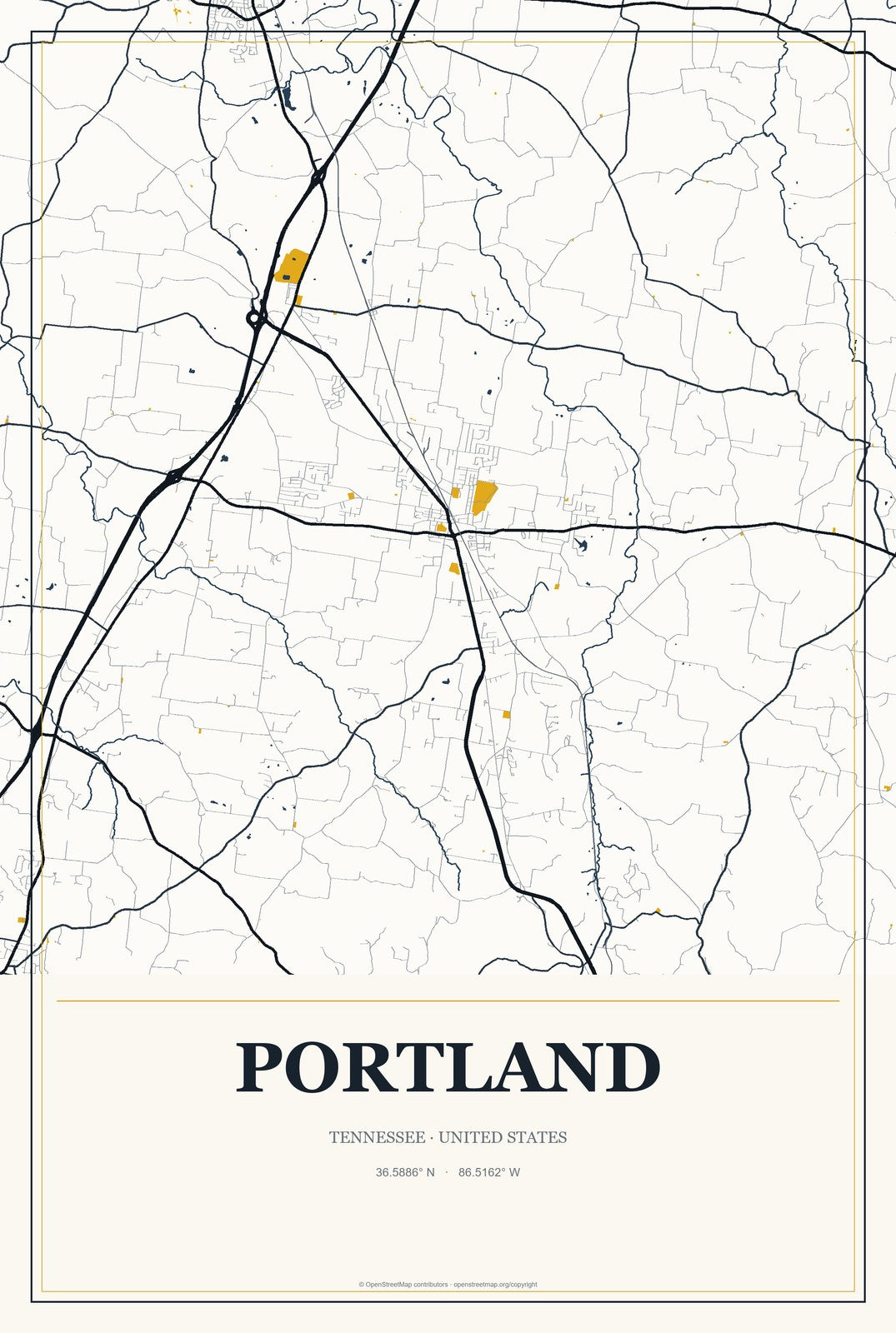 Portland, Tennessee City Map Aluminum Sign in Citrine Modern style