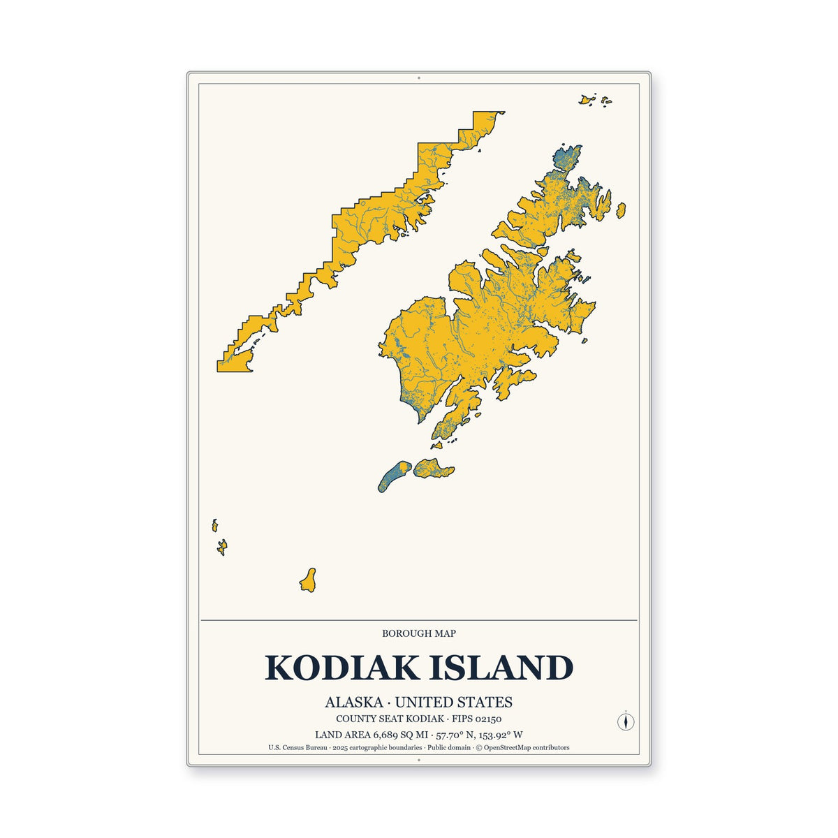 Kodiak Island Borough, Alaska Map Aluminum Sign in Citrine Modern style