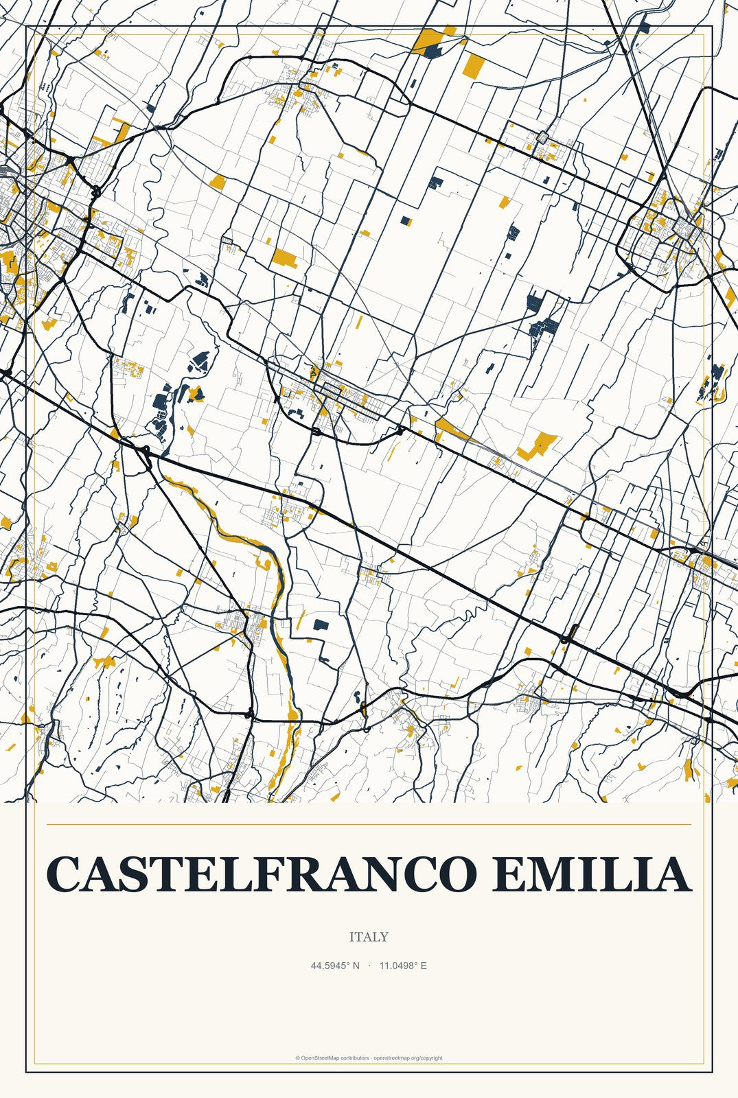 Castelfranco Emilia, Italy City Map Aluminum Sign in Citrine Modern style