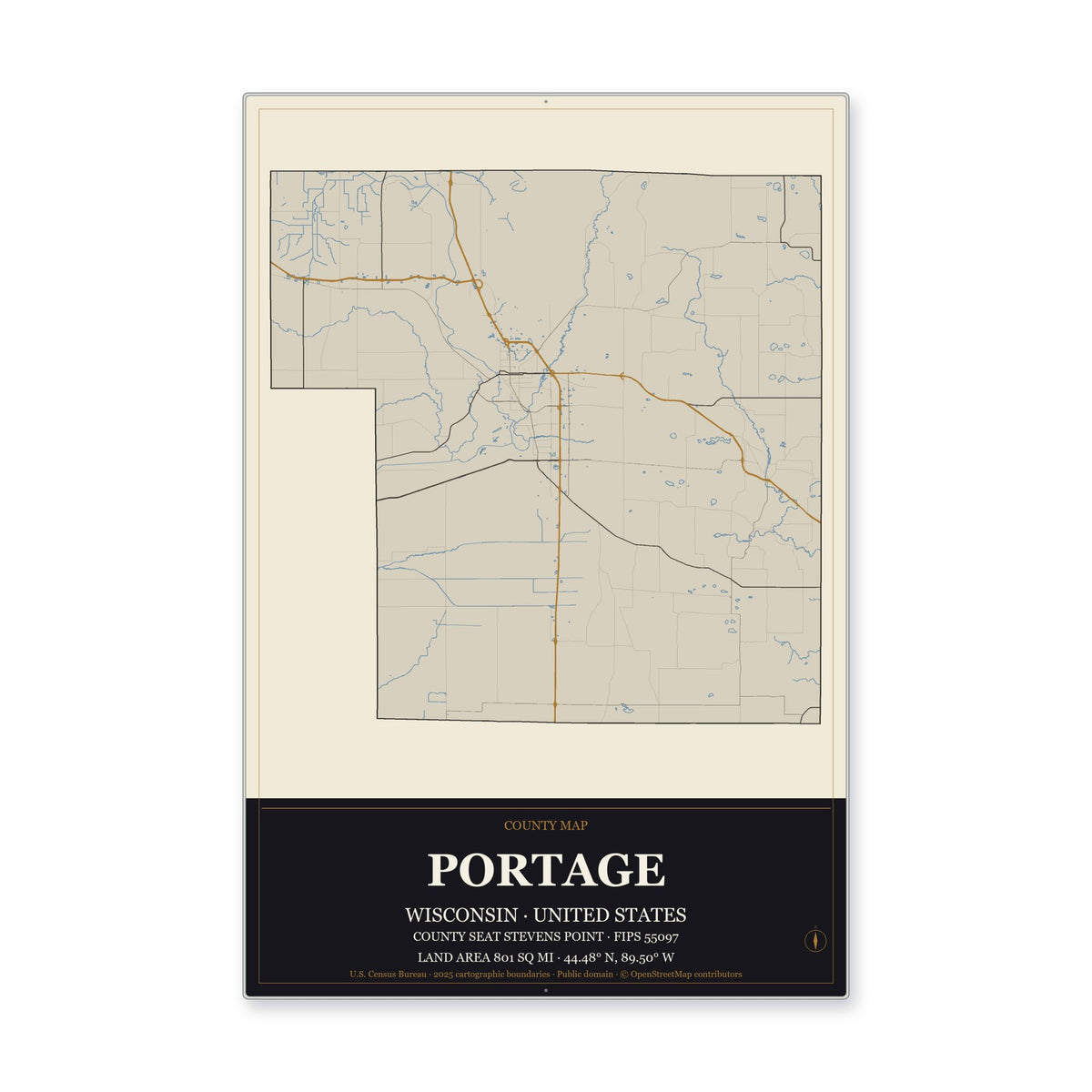 Portage County, Wisconsin Map Aluminum Sign in Museum Plaque style