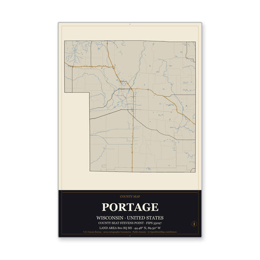 Portage County, Wisconsin Map Aluminum Sign in Museum Plaque style