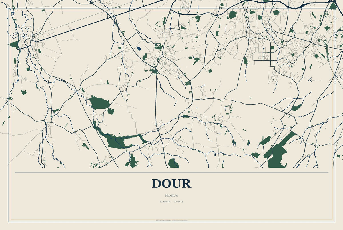 Dour, Belgium City Map Aluminum Sign in Coastal Cutout style