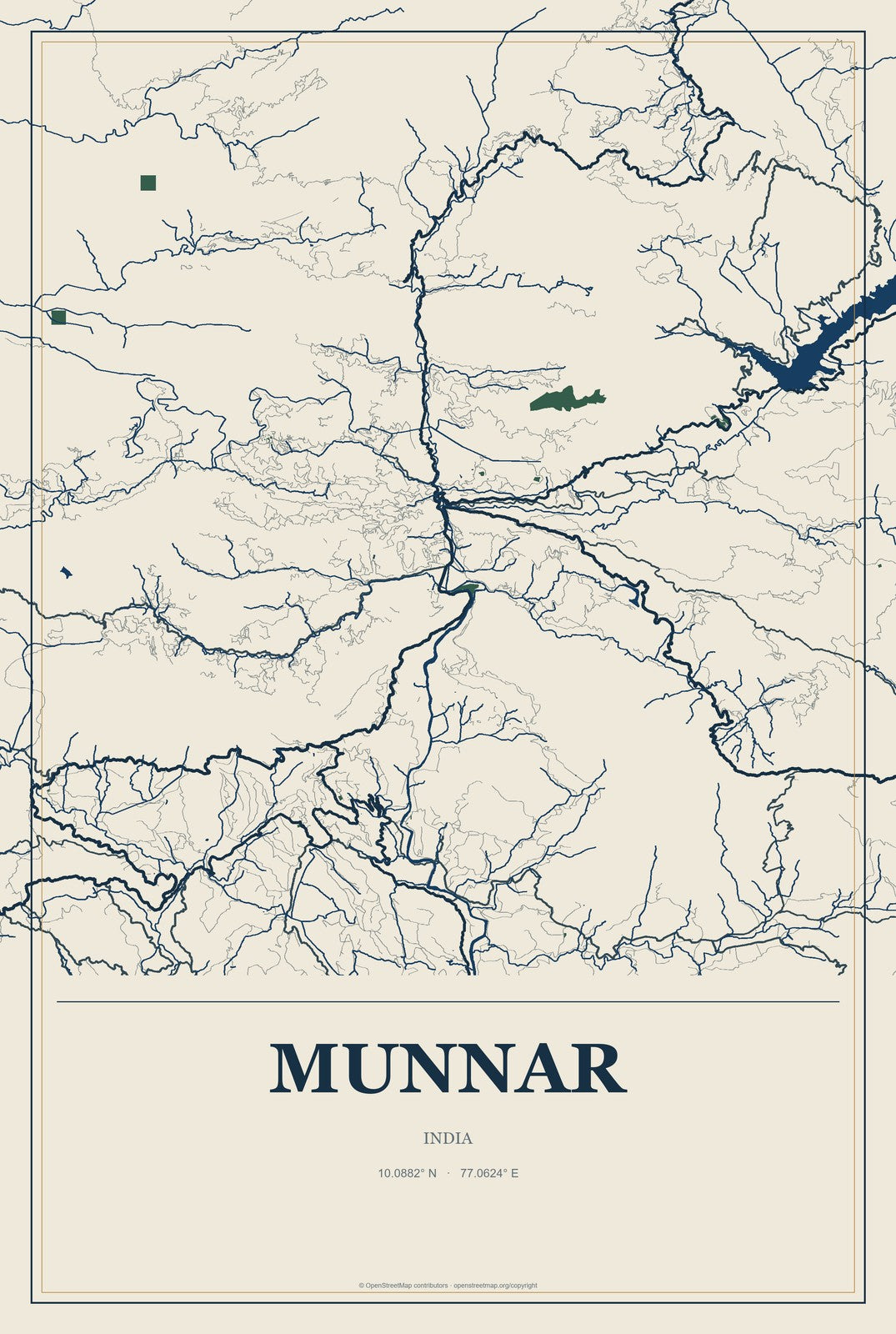 Munnar, India City Map Aluminum Sign in Coastal Cutout style