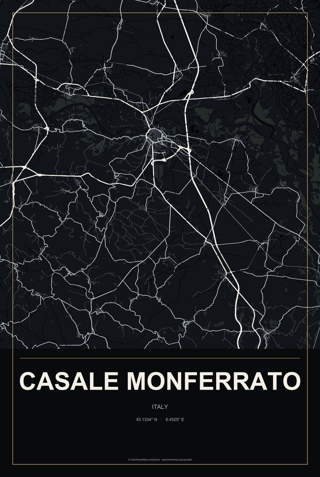 Casale Monferrato, Italy City Map Aluminum Sign in Metropolitan Noir style