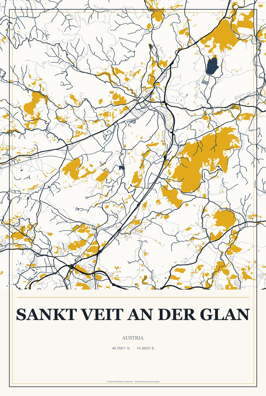 Sankt Veit an der Glan, Austria City Map Aluminum Sign in Citrine Modern style