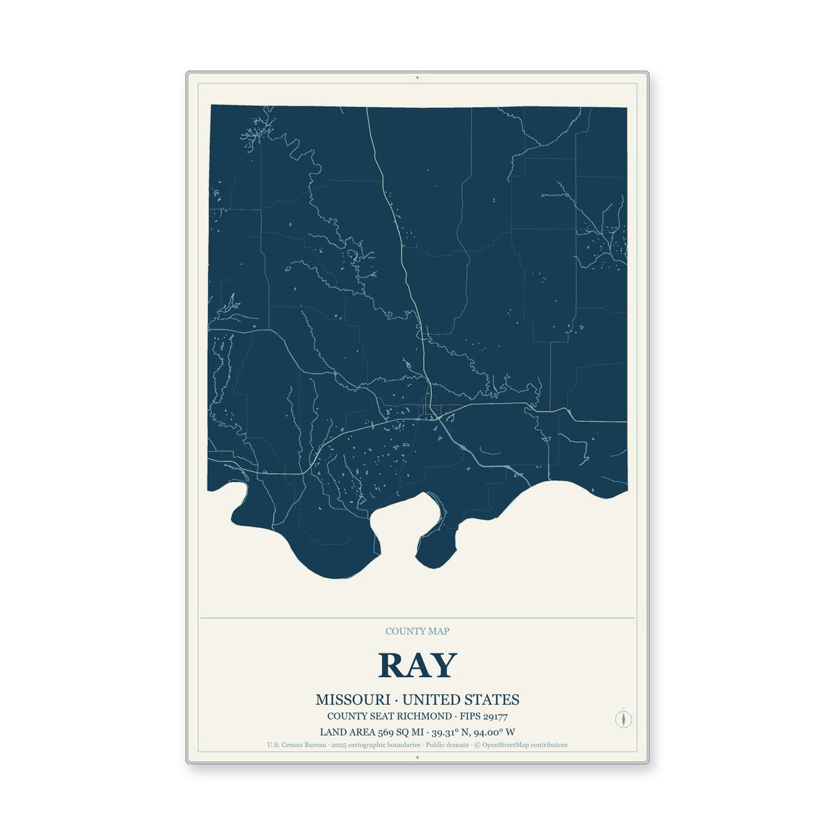 Ray County, Missouri Map Aluminum Sign in Coastal Cutout style