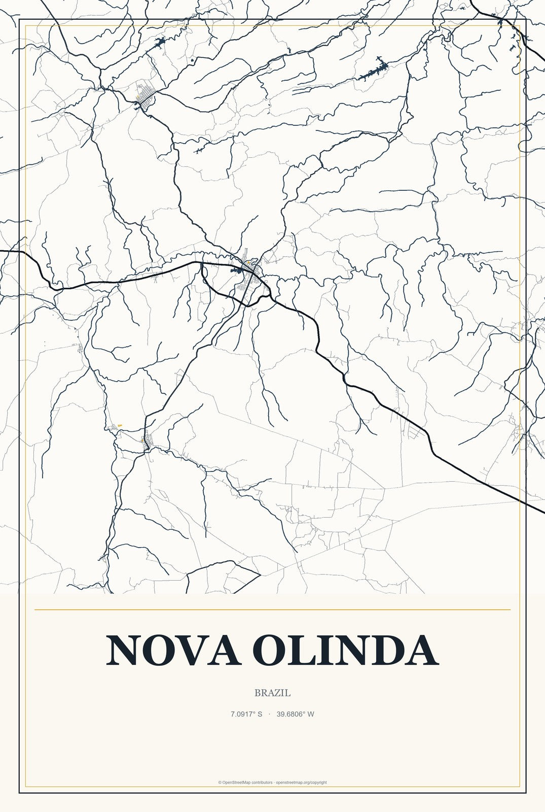 Nova Olinda, Tocantins, Brazil City Map Aluminum Sign in Citrine Modern style