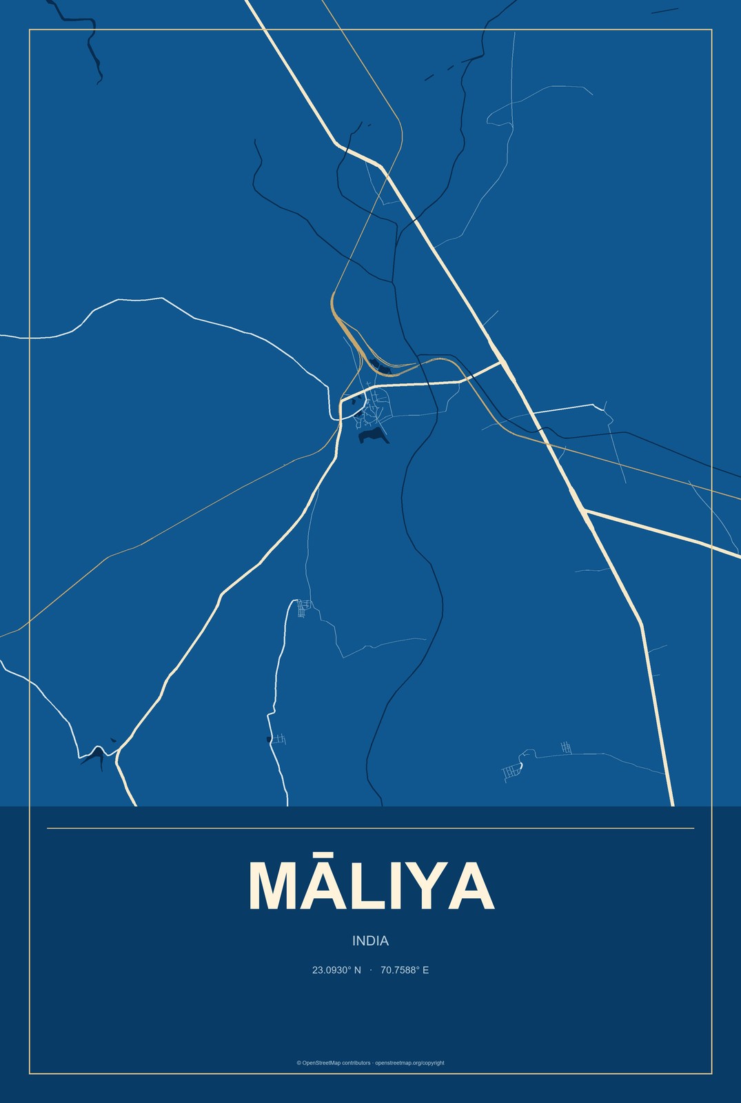 Māliya, India City Map Aluminum Sign in Harbor Cobalt style