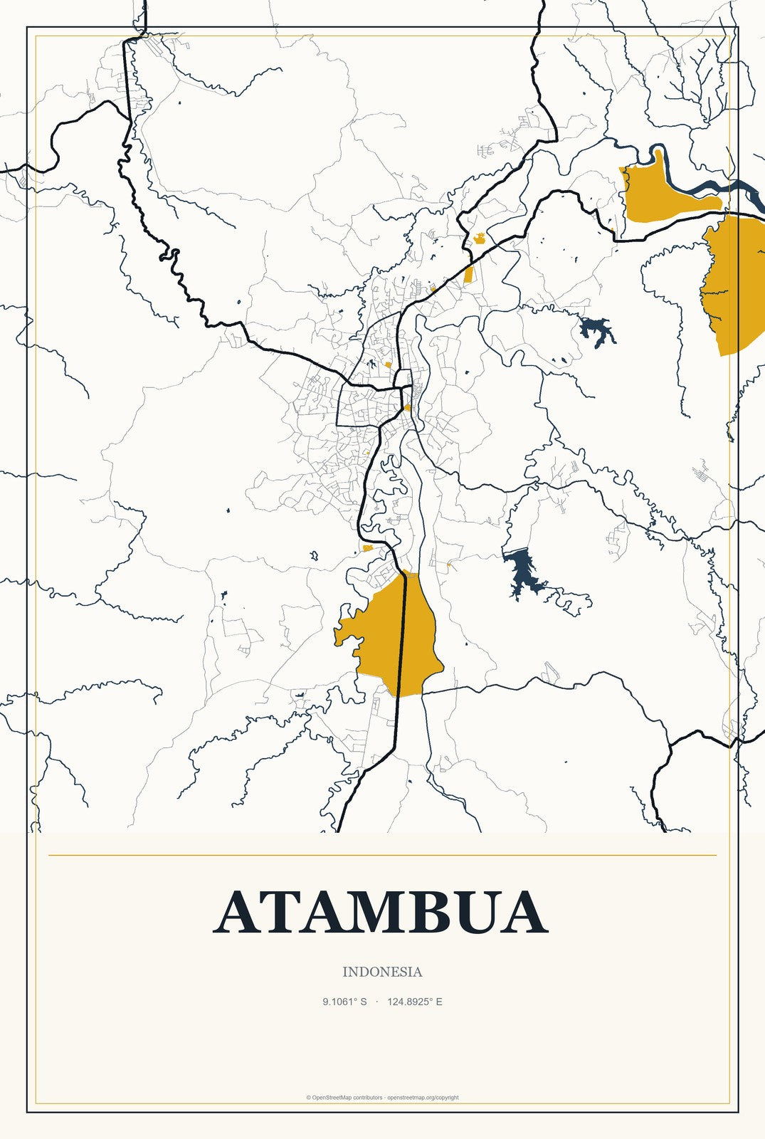 Atambua, Indonesia City Map Aluminum Sign in Citrine Modern style