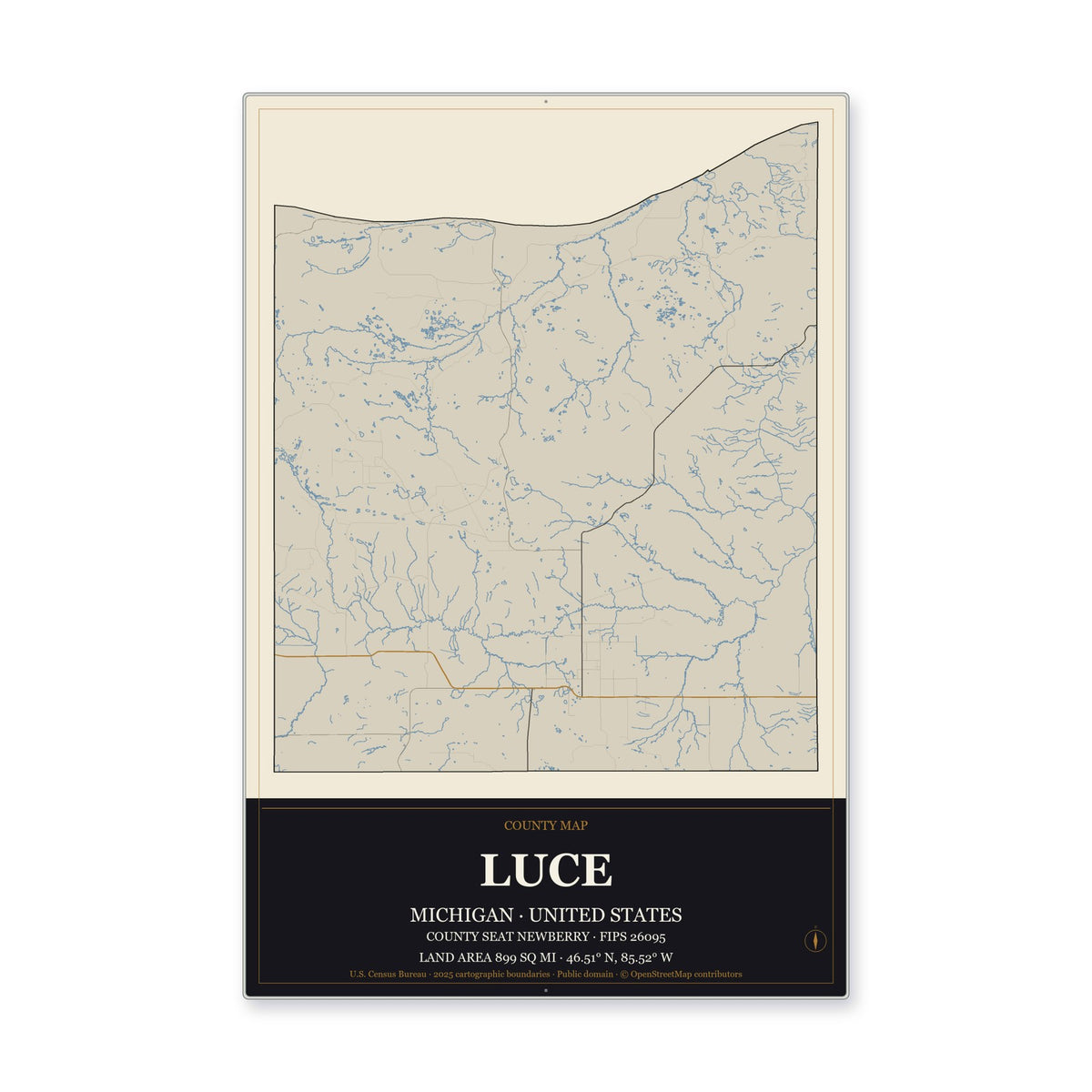Luce County, Michigan Map Aluminum Sign in Museum Plaque style