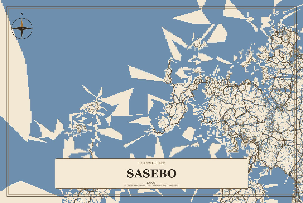 Sasebo, Japan City Map Aluminum Sign in Heritage Nautical style