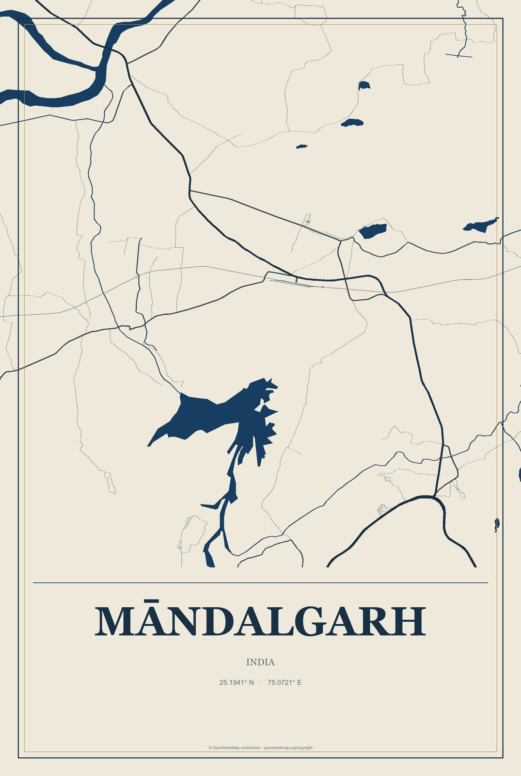 Māndalgarh, India City Map Aluminum Sign in Coastal Cutout style