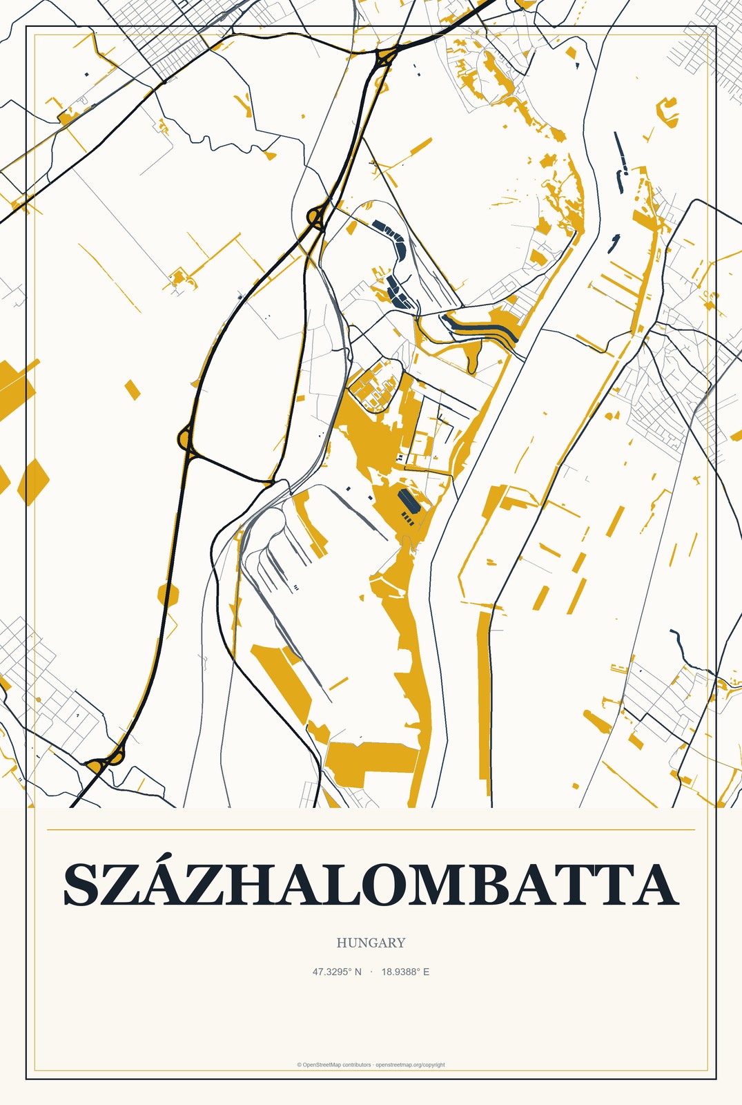 Százhalombatta, Hungary City Map Aluminum Sign in Citrine Modern style