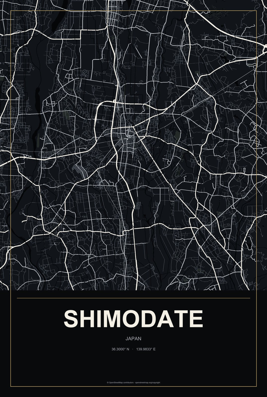 Shimodate, Japan City Map Aluminum Sign in Metropolitan Noir style