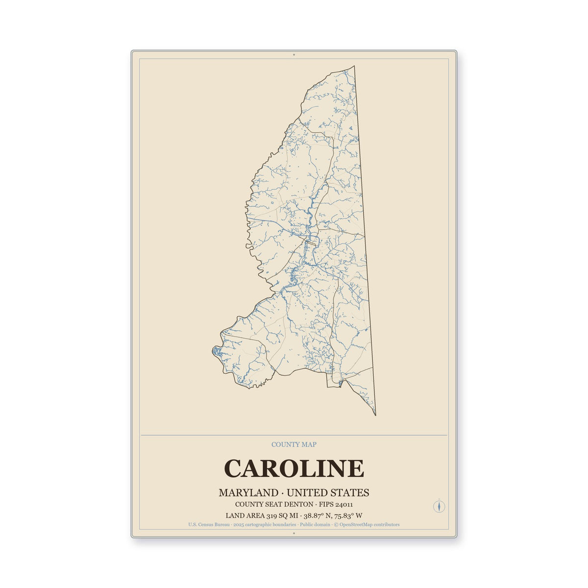 Caroline County, Maryland Map Aluminum Sign in Heritage Nautical style