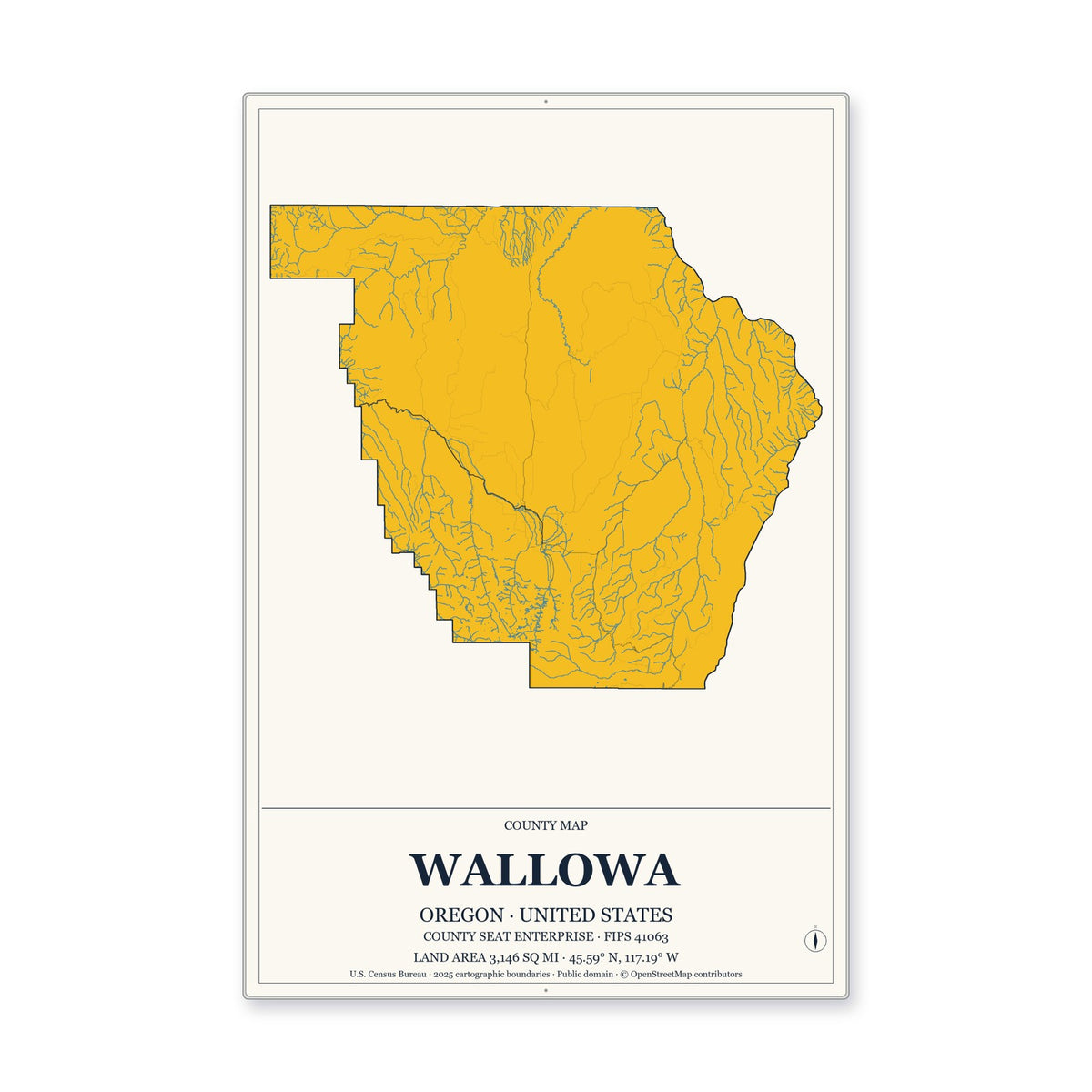 Wallowa County, Oregon Map Aluminum Sign in Citrine Modern style
