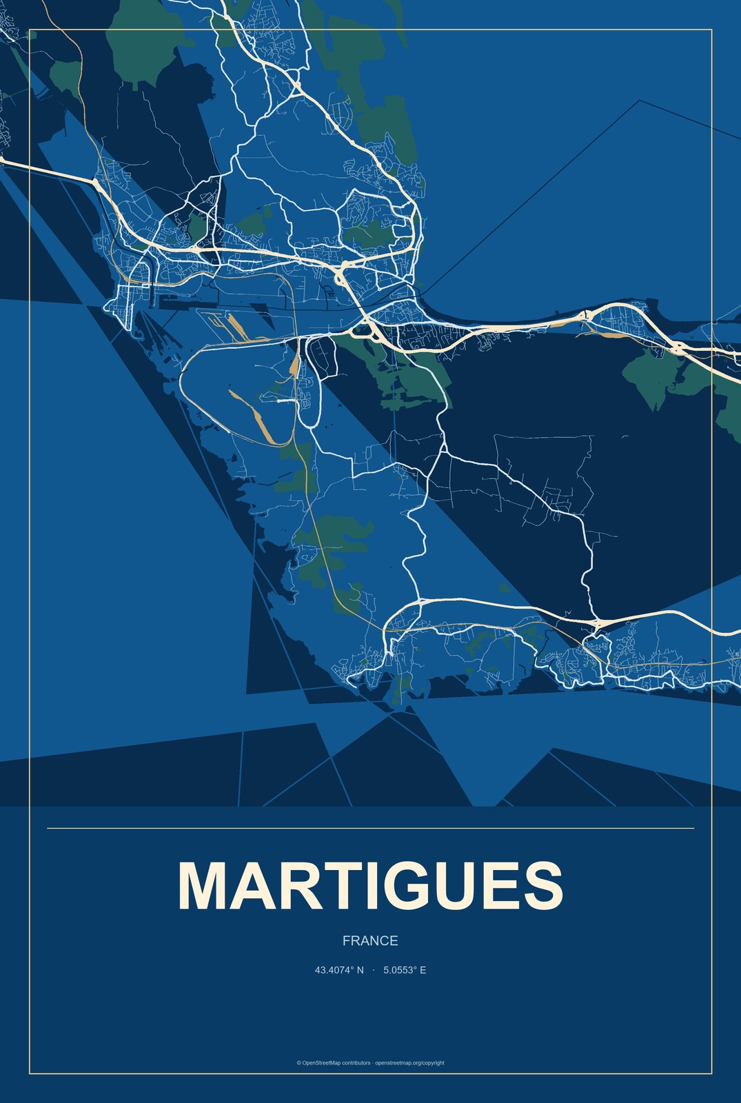 Martigues, France City Map Aluminum Sign in Harbor Cobalt style