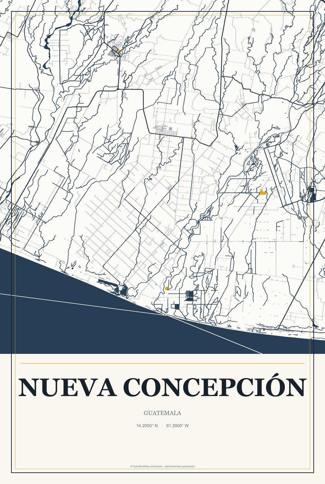 Nueva Concepción, Guatemala City Map Aluminum Sign in Citrine Modern style
